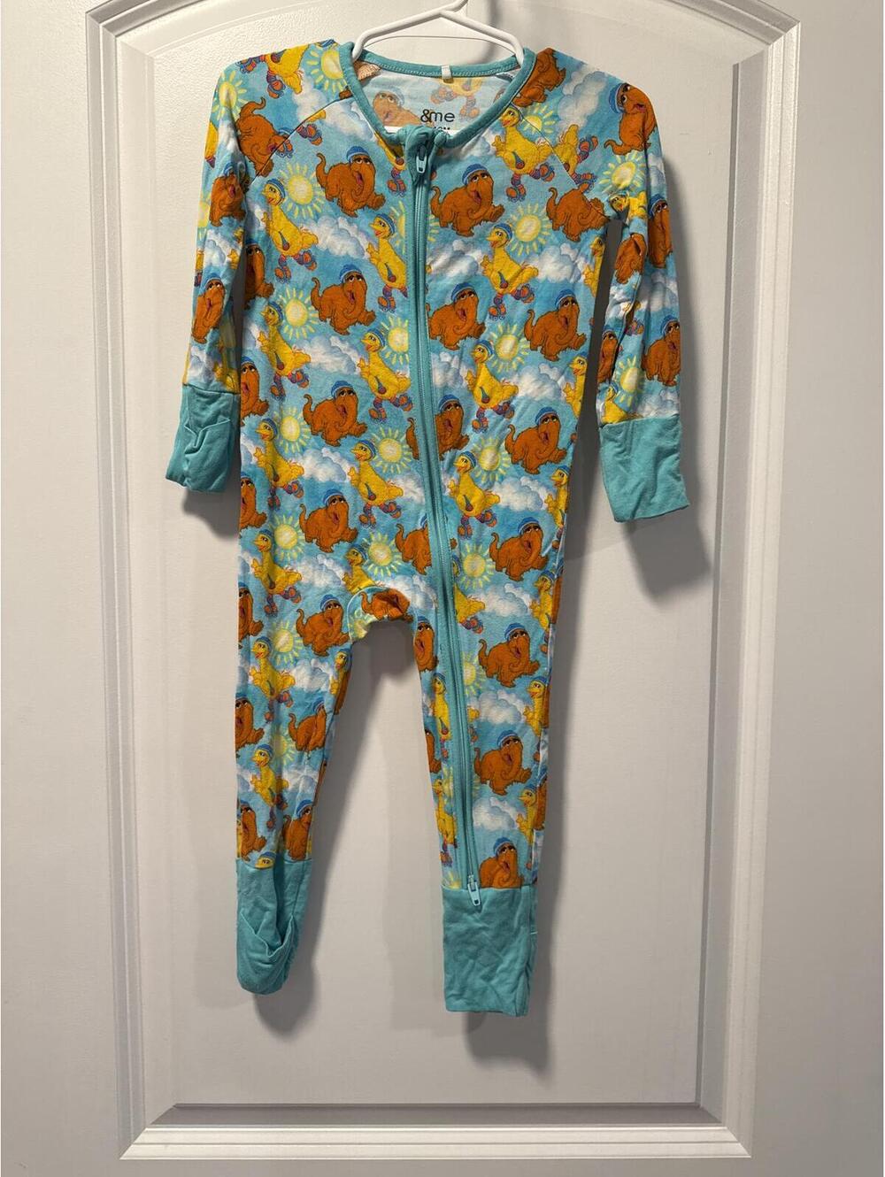 Sesame Street Baby Footed Pajamas 6-12 Months Blue with Big Bird & Snuffleupagus